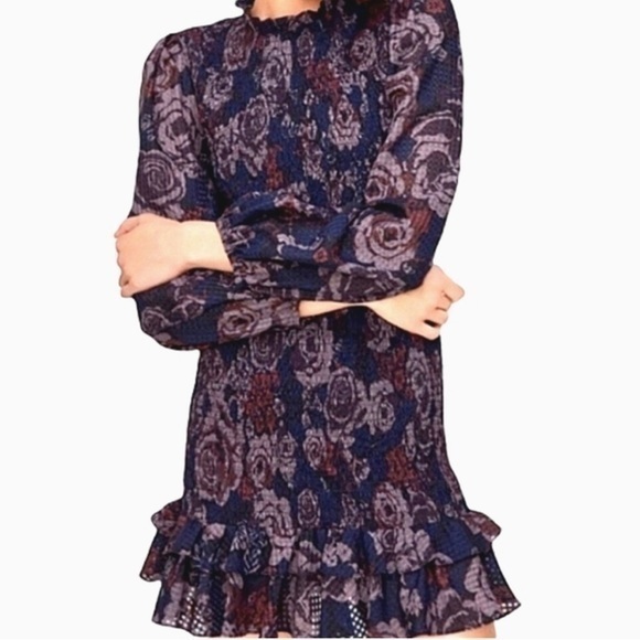 ZARA Mock Neck Floral Smocked Ruffle Hem Mini Dress size XS great condit… - Picture 2 of 6